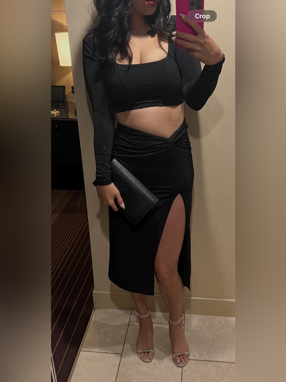 Dynamite Black Twist-Front Midi Skirt with High Side Slit
